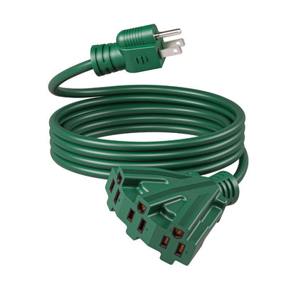 Green 12-Foot 16/3 Extension Cord with Three-Outlet Splitter, 13A 125V and 1625W Pictured Label