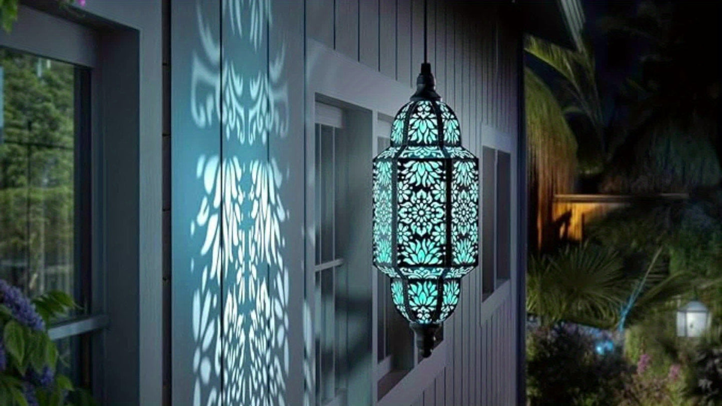Solar Lanterns Outdoor 2 Pack Moroccan Cut-Out Design IP54 Waterproof Auto Dusk-to-Dawn Garden Pathway Patio Lantern Lights Gold Purple White Copper