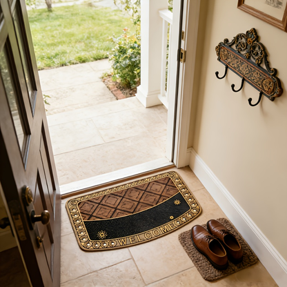 Textured Welcome Door Mat with Bordered Brown-and-Black Geometric Design in A001 or A002 Styles