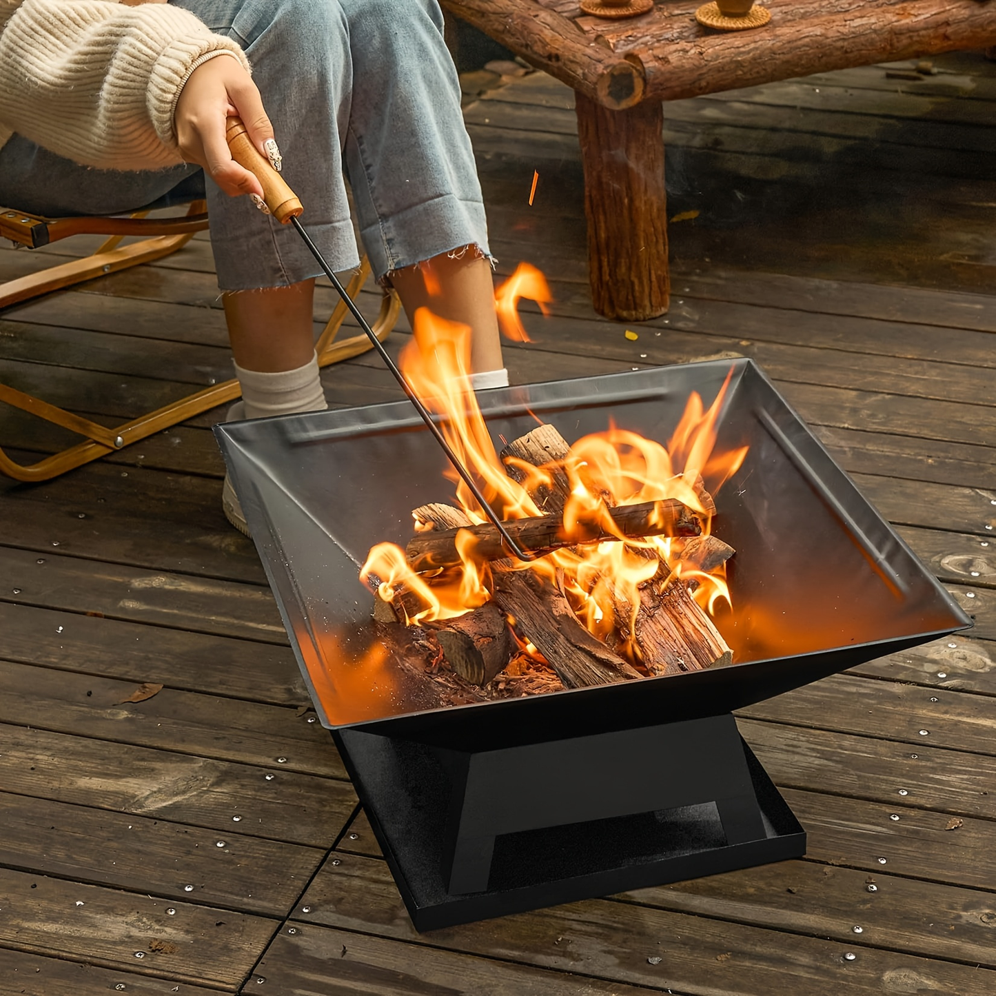 18.5-Inch Black Square Fire Pit and Grill with Mesh Pyramid Cover, Cooking Grate and Long Poker