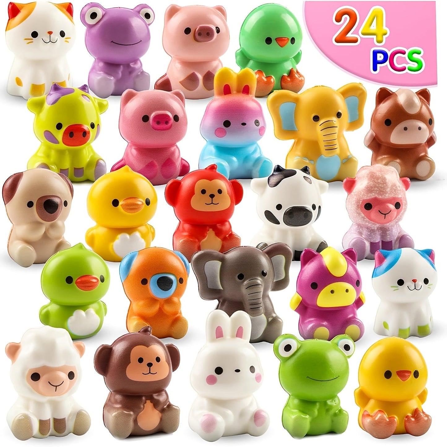 Cute Animal Soft Toys 24 Pcs – Mini Kawaii Animal Squeeze Toys for Kids Birthday Party Favors, Classroom Prizes, Valentine's Day Gifts, Goodie Bag Stuffers for Boys & Girls
