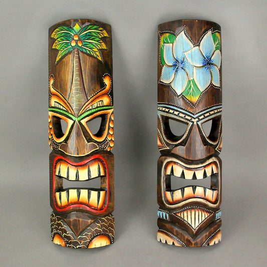 Tiki Wall Masks Set of 2 – Hand Carved Wooden 20" Tropical Decor with Palm Tree & Plumeria Designs for Indoor Outdoor Patio Bar