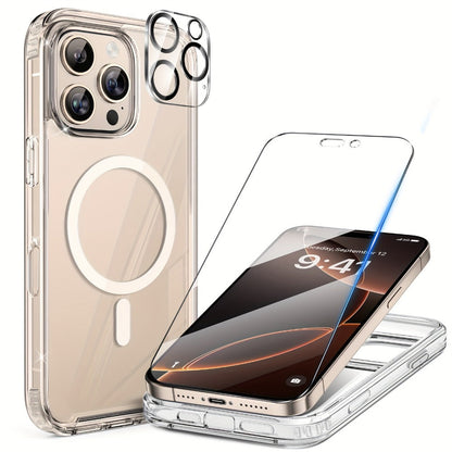 MagSafe iPhone Case with Screen Protector & Camera Lens Protector – N52 Super Magnet Shockproof Clear TPU PC Cover, Anti-Yellow, 3-in-1 Bundle for iPhone 16 16 Plus 16 Pro 16 Pro Max 15 14 13 11