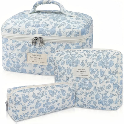 Three-Piece Floral Makeup Bag Set with Carry Handle, Gold-Color Zippers and Four Image-Bound Pattern Options