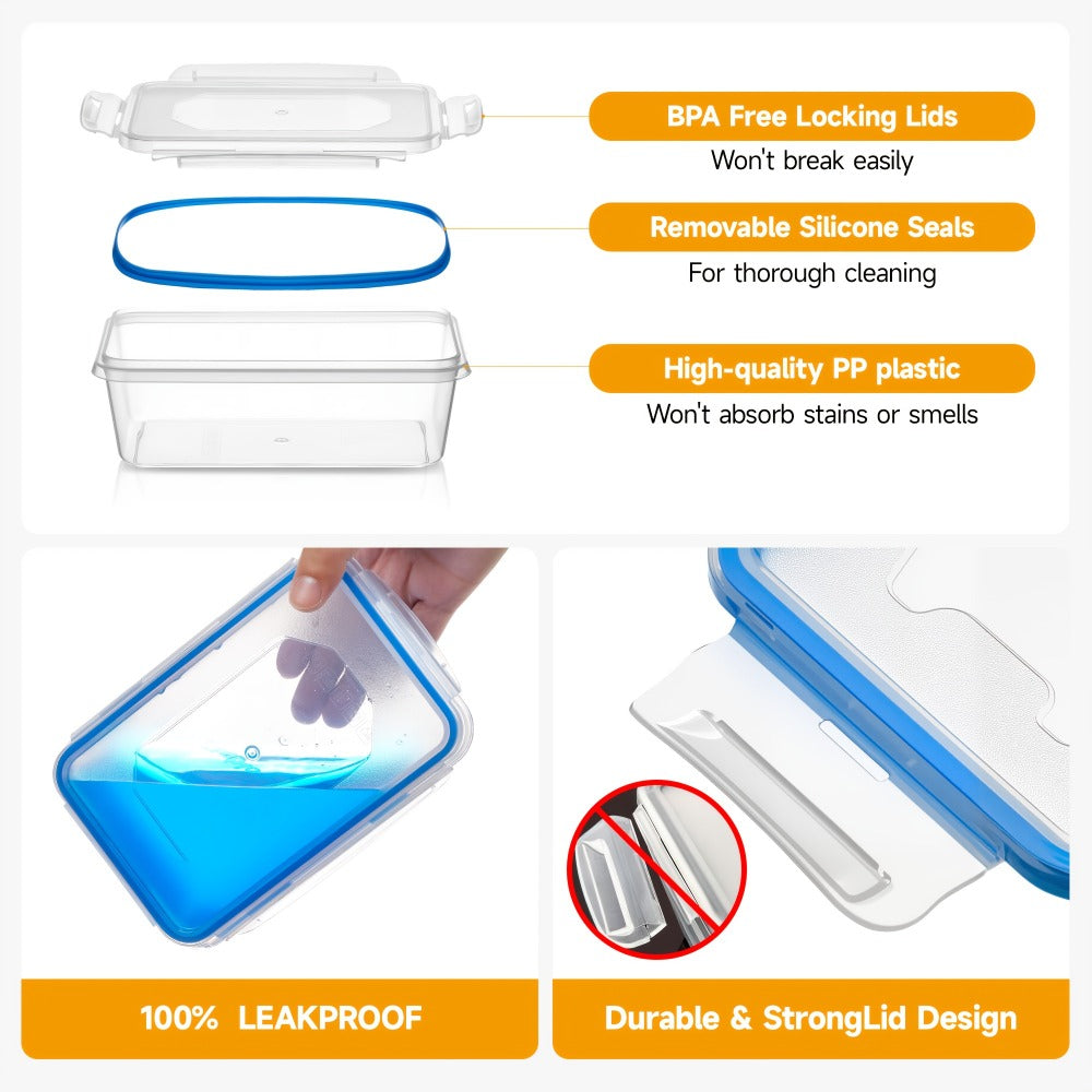 Food Storage Containers 48-Piece Multi-Shape Set with 24 Boxes, 24 Lids and Eight Documented Sizes