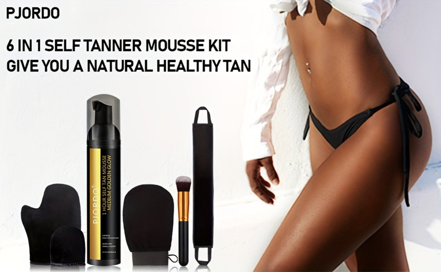 Sunless Tanning Mousse Kit 6-Piece Set with Mitt Applicator - Self Tanner Foam 1 Hour Fast Tan No Fake Smell Long Lasting Bronze Glow 3.38oz Gift Set