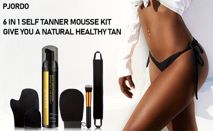 Sunless Tanning Mousse Kit 6-Piece Set with Mitt Applicator - Self Tanner Foam 1 Hour Fast Tan No Fake Smell Long Lasting Bronze Glow 3.38oz Gift Set