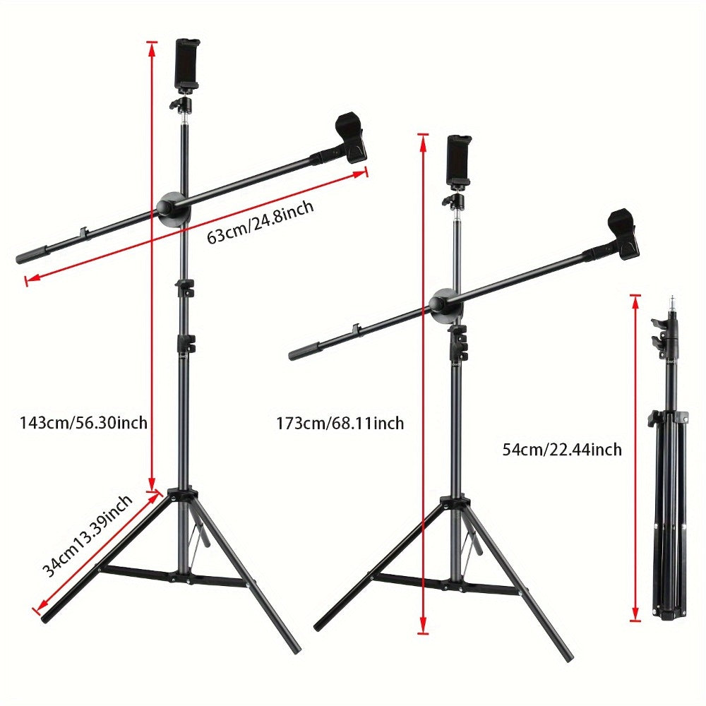 Adjustable Tripod Microphone Stand with Boom Arm Floor Mount Metal Mic Stand Dual Mic Clips Phone Holder for Live Performance Wedding Stage Karaoke Streaming