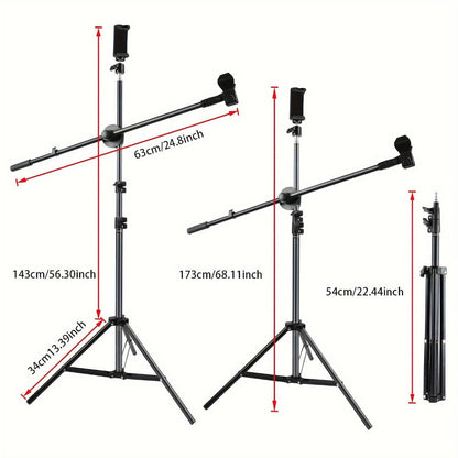 Adjustable Tripod Microphone Stand with Boom Arm Floor Mount Metal Mic Stand Dual Mic Clips Phone Holder for Live Performance Wedding Stage Karaoke Streaming