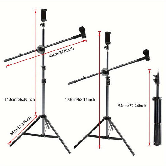 Adjustable Tripod Microphone Stand with Boom Arm Floor Mount Metal Mic Stand Dual Mic Clips Phone Holder for Live Performance Wedding Stage Karaoke Streaming