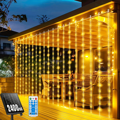 Solar Curtain String Lights, 3 x 3 Meters with 300 LEDs, Remote Control and One- or Two-Pack Options
