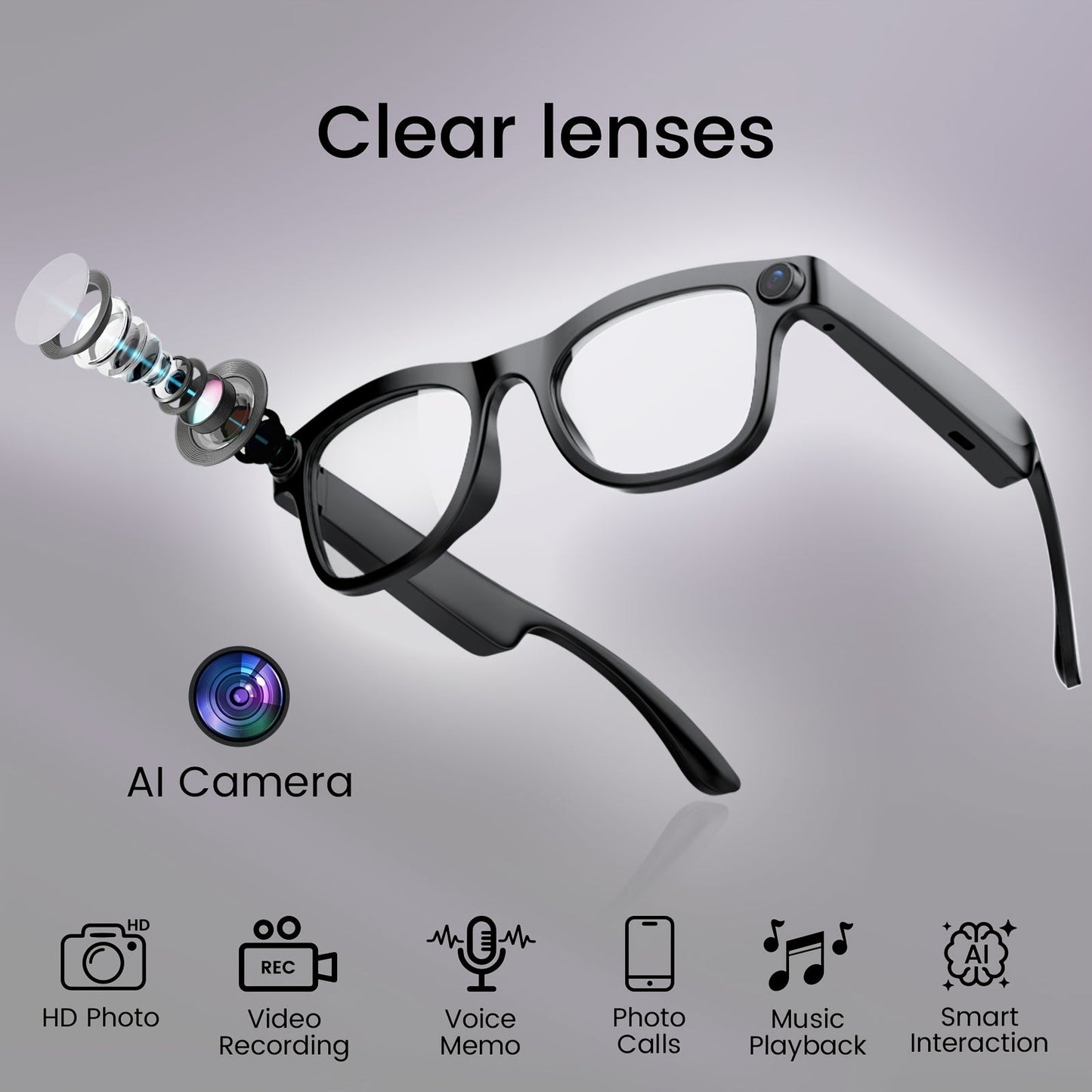 Smart Glasses 2MP Camera Eyewear with 100+ Language Translation, Bluetooth Calls and Black or Clear Lenses