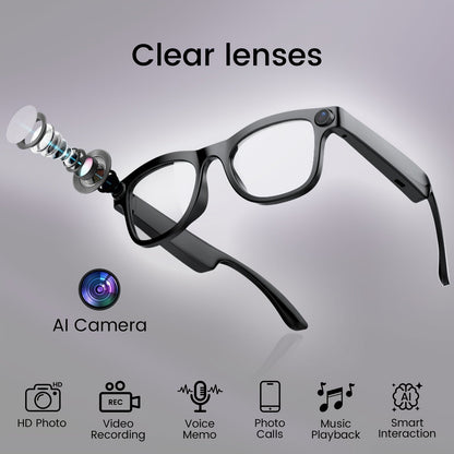 Smart Glasses 2MP Camera Eyewear with 100+ Language Translation, Bluetooth Calls and Black or Clear Lenses
