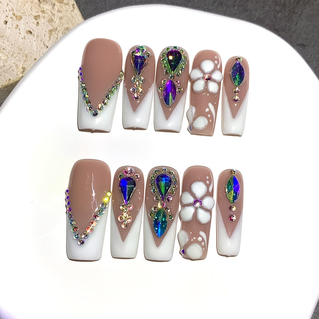 Press On Nails 10-Piece Square French-Tip Set with Nude White Gloss, AB Rhinestones and Floral Design