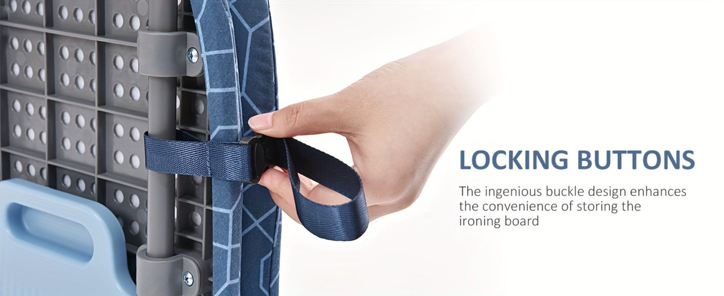 Mini Blue Tabletop Ironing Board with Short Folding Legs, Hanging Loop and Geometric Cover