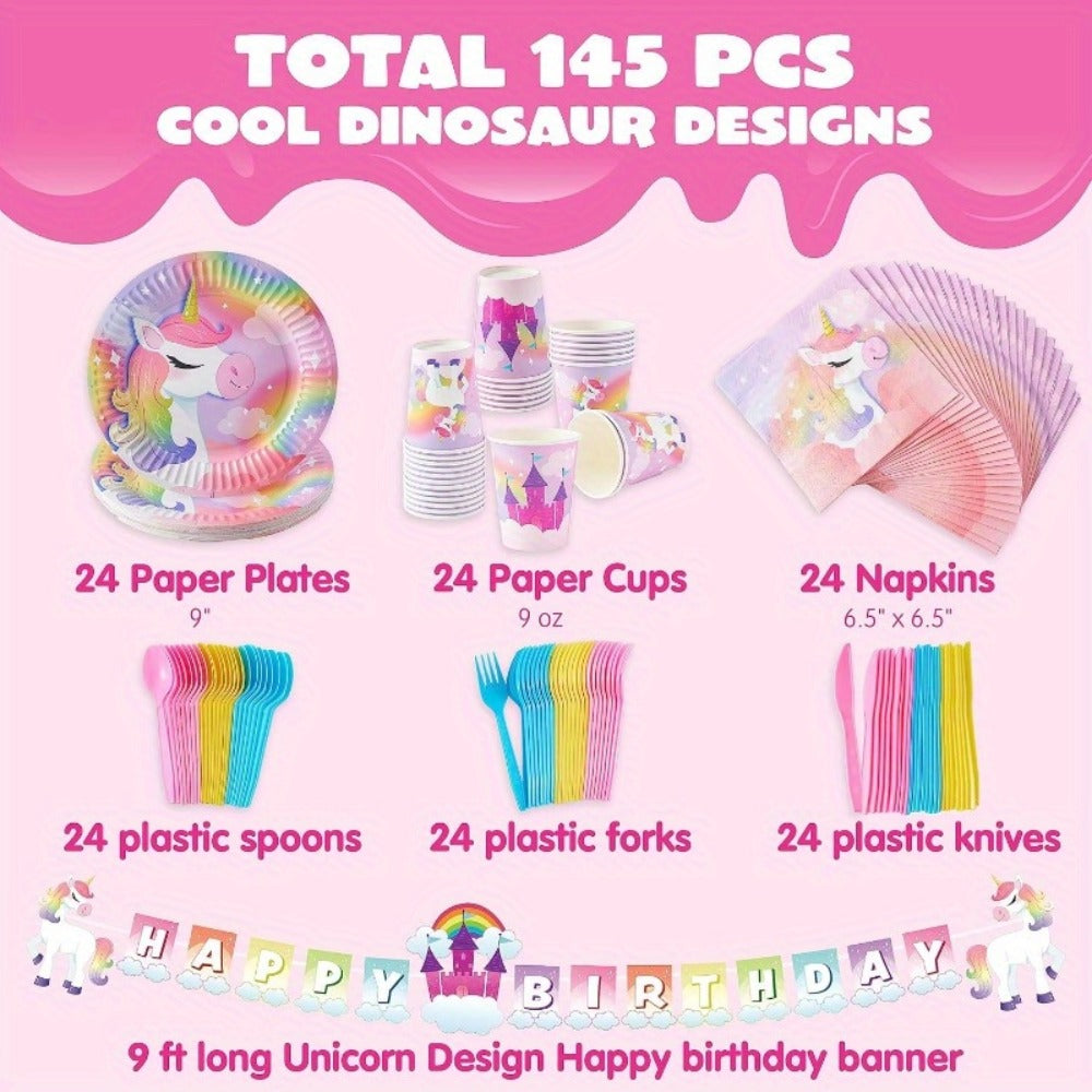 Unicorn Tableware Party Supplies Set with 145 Pieces for 24 Settings, Cups, Cutlery and Banner