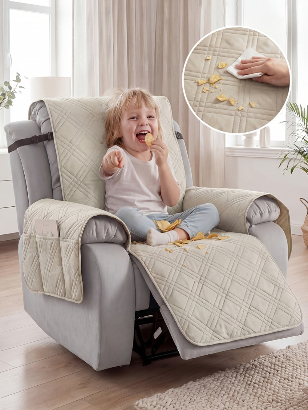 Quilted One-Piece Recliner Chair Cover with Side Pocket, Back Strap and Six Solid Color Options