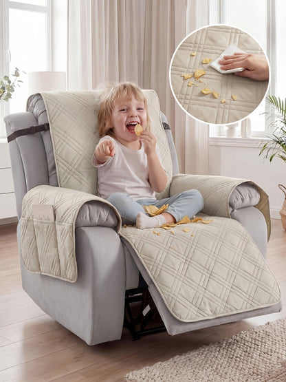 Quilted One-Piece Recliner Chair Cover with Side Pocket, Back Strap and Six Solid Color Options