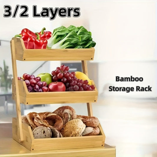 Fruit Rack Kitchen Organizer 2 or 3 Tier Natural Bamboo Freestanding Basket Shelf with Two Hooks