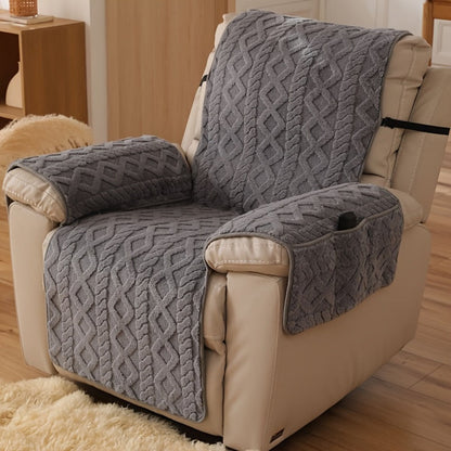 Quilted Recliner Chair Cover with Armrest Panels, Side Pocket and Elastic Straps in Three Neutral Colors