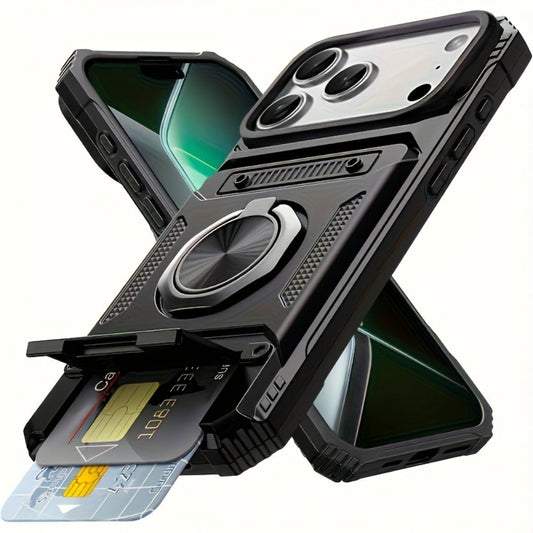 iPhone Card Slot Shockproof Case with Ring Holder & Kickstand – Wallet Phone Cover for iPhone 17 17 Air 17 Pro Max 16 15 14 13 12 11 Pro Max Plus Mini | Heavy Duty Drop Protection