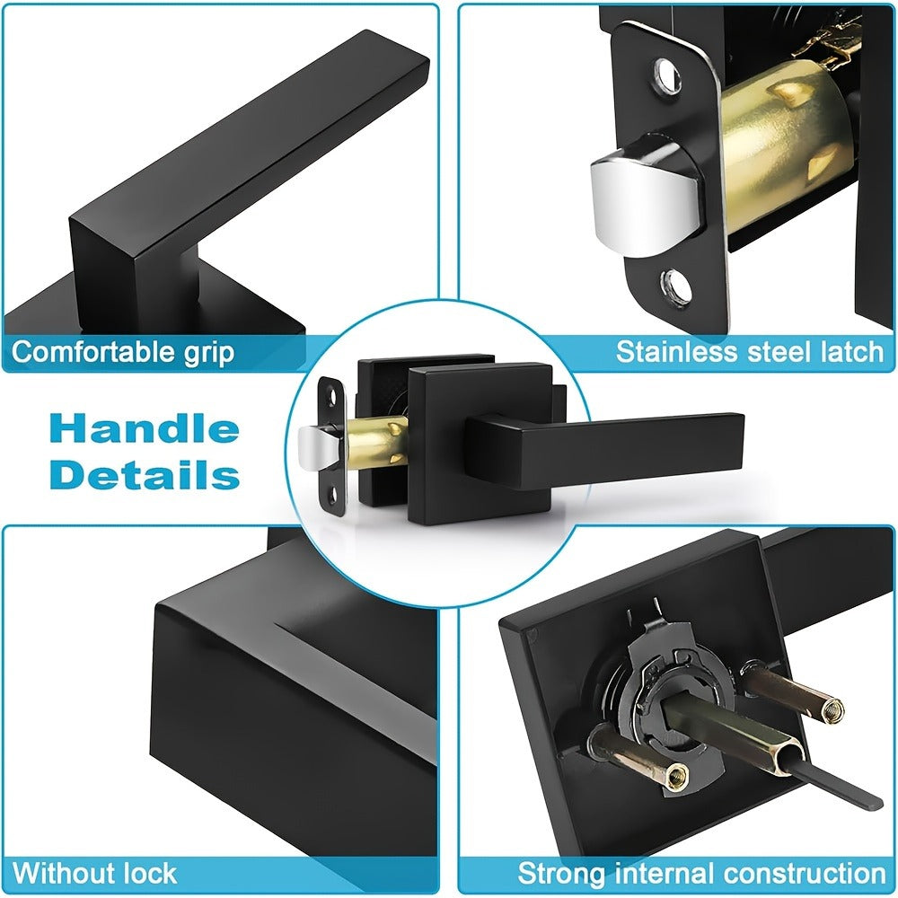 Matte Black Square Door Handle Set – Interior Passage Door Knob for Hall & Closet, Heavy-Duty Left & Right Hand Compatible, Modern Hardware