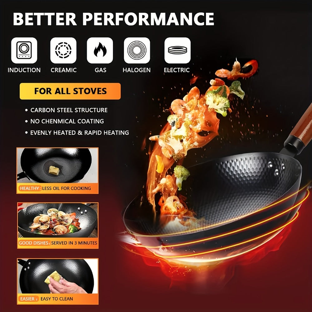 Carbon Steel Wok Set with Lid and 14-Piece Accessory Kit, 12.6 Inch Stir-Fry Pan with Spatula, Brush, Ring and Utensils