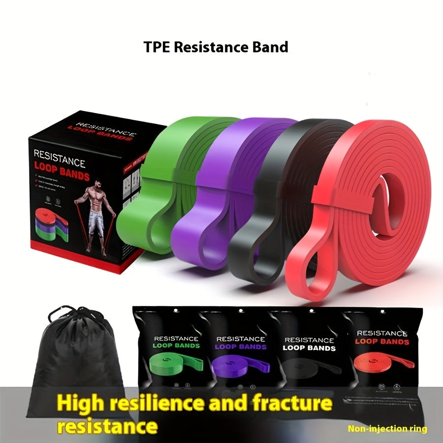 Four-Piece Color-Coded Long Loop Resistance Band Set with Pictured 15-125 lb Labels and Storage Bag