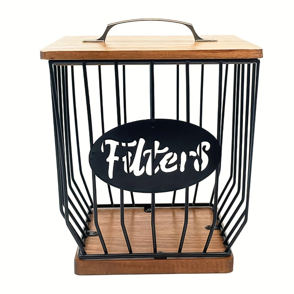Square Metal Coffee Pod and Filter Storage Basket with Wood Lid and Base, Black Finish and Two Label Options