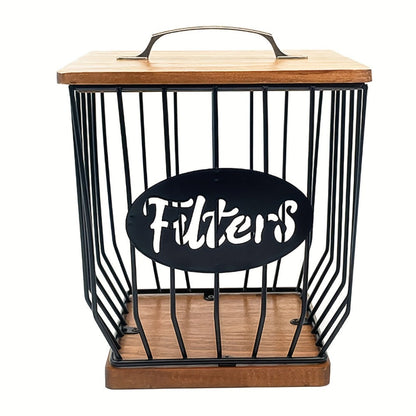 Square Metal Coffee Pod and Filter Storage Basket with Wood Lid and Base, Black Finish and Two Label Options