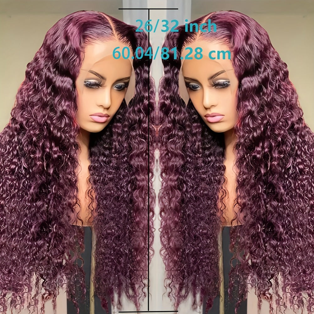 Lace Front Wig 200% Density HD Transparent Lace Curly Deep Wave 99J Burgundy Glueless Pre-Plucked Bleached Knots Natural Hairline Long Voluminous Women 32 Inch Undetectable