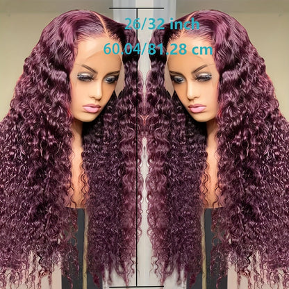 Lace Front Wig 200% Density HD Transparent Lace Curly Deep Wave 99J Burgundy Glueless Pre-Plucked Bleached Knots Natural Hairline Long Voluminous Women 32 Inch Undetectable