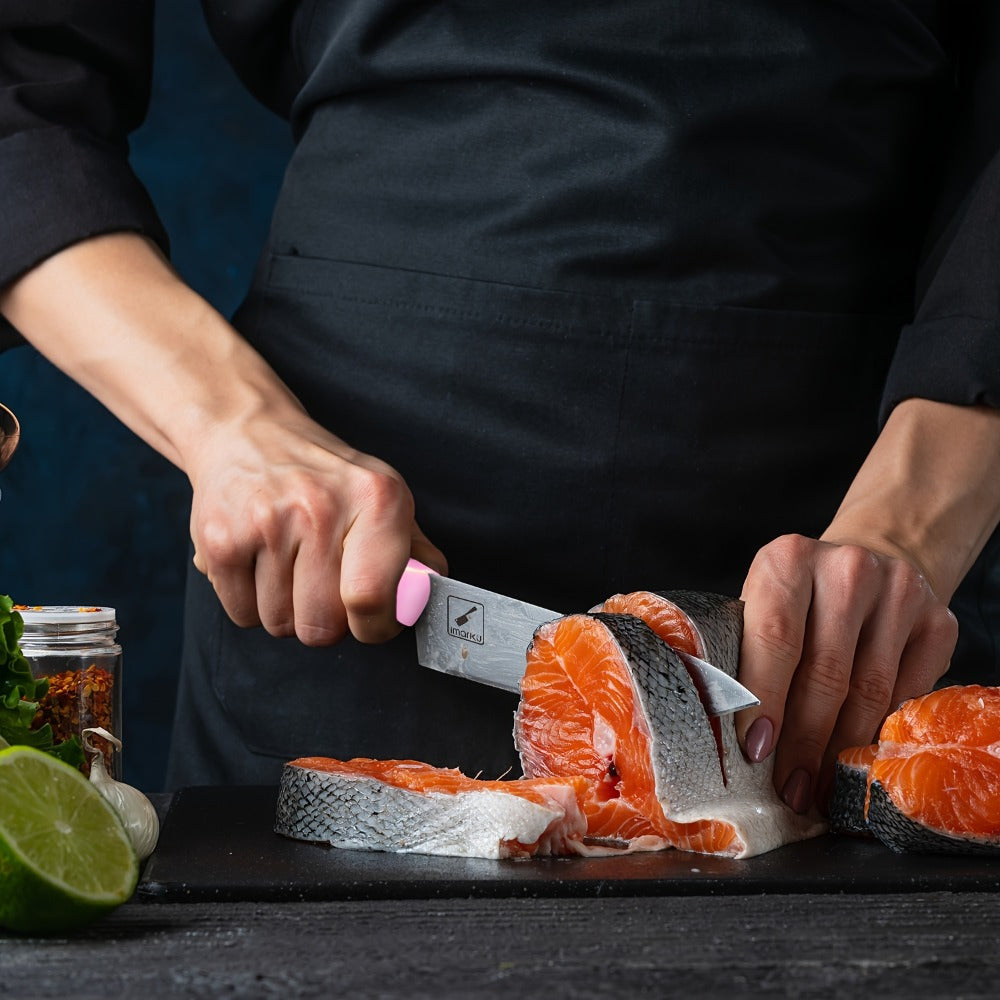 Kitchen Knife Set by imarku, 14-Piece Pink Stainless Steel Block with Six Steak Knives, Shears and Built-In Sharpener