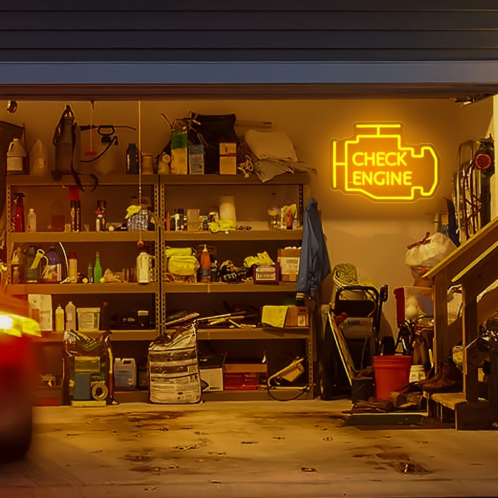 Check Engine Neon Sign – LED Dimmable USB Powered Neon Light for Garage Wall Decor, Car Repair Shop, Workshop, Man Cave, Game Room, Bedroom & Car Party Decorations (Yellow / Multi-Color Options)