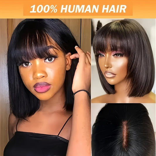 Lace Front Wig Human Hair Bob with Bangs, 4x1 HD Lace, 180% Density and 10-14in Length Choices