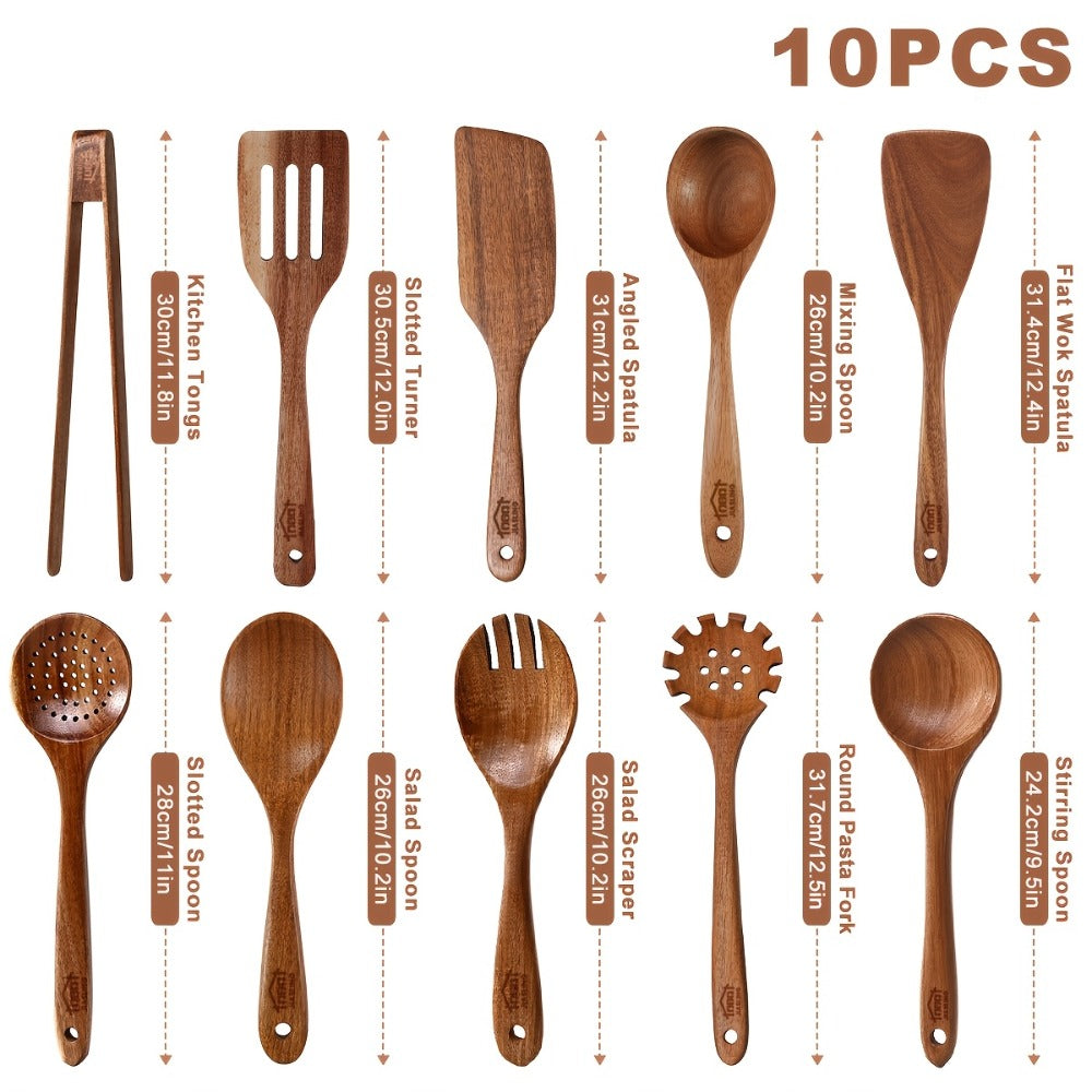 Wooden Spoons for Cooking 10 Pcs – Teak Wood Kitchen Utensils Set, Non-Stick Safe Spatulas & Spoon Cooking Tools