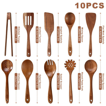 Wooden Spoons for Cooking 10 Pcs – Teak Wood Kitchen Utensils Set, Non-Stick Safe Spatulas & Spoon Cooking Tools