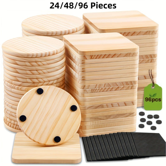 Unfinished Wood Coaster Blanks 4 Inch Round Square DIY Craft Supplies for Painting Engraving Burning with Non-Slip Felt Stickers Handmade Gift Home Decor Christmas Halloween Wedding