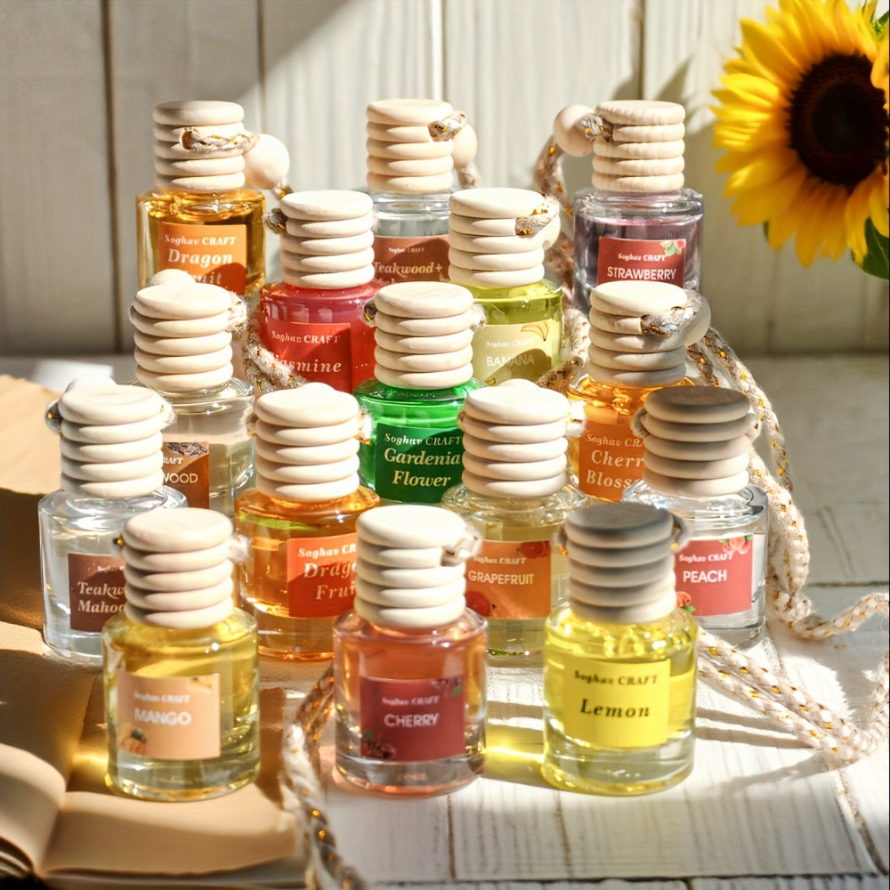 Car Air Freshener 18-Pack Hanging Diffuser Bottles with Six Random Scents and Adjustable Wood Caps