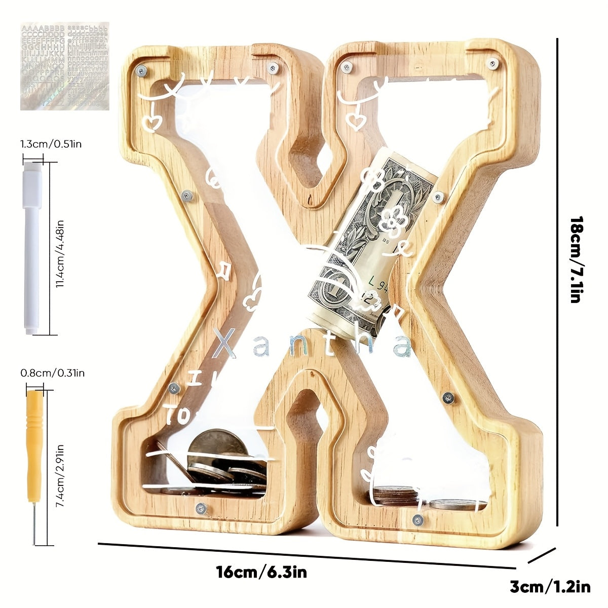 Alphabet Wooden Money Bank with Clear Front Panel, Coin Slot and A-to-Z Letter Options for Adults