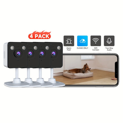 Indoor Security Camera 4-Pack Dual Band WiFi – Full Color Night Vision, Motion Detection Alerts, Two-Way Audio, Built-In Siren, Baby & Pet Monitor, 256GB SD & Cloud Storage for Home