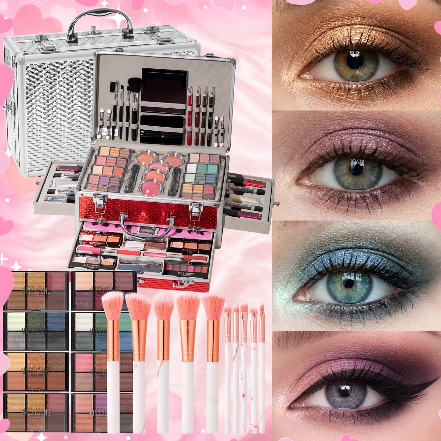 Professional Makeup Kit with Aluminum Travel Case & Mirror – Full Set Eyeshadow Blush Lipstick Foundation Eyeliner Mascara & Brushes, Gift for Women Girls Beginners, Silver & Red