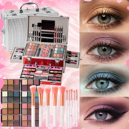 Professional Makeup Kit with Aluminum Travel Case & Mirror – Full Set Eyeshadow Blush Lipstick Foundation Eyeliner Mascara & Brushes, Gift for Women Girls Beginners, Silver & Red