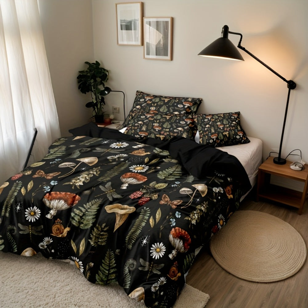 3-Piece Duvet Cover Set with Forest Mushroom and Leaf Print, Zipper Closure and Twin to King Sizes