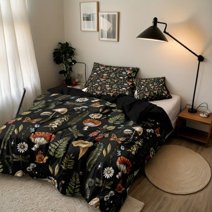 3-Piece Duvet Cover Set with Forest Mushroom and Leaf Print, Zipper Closure and Twin to King Sizes