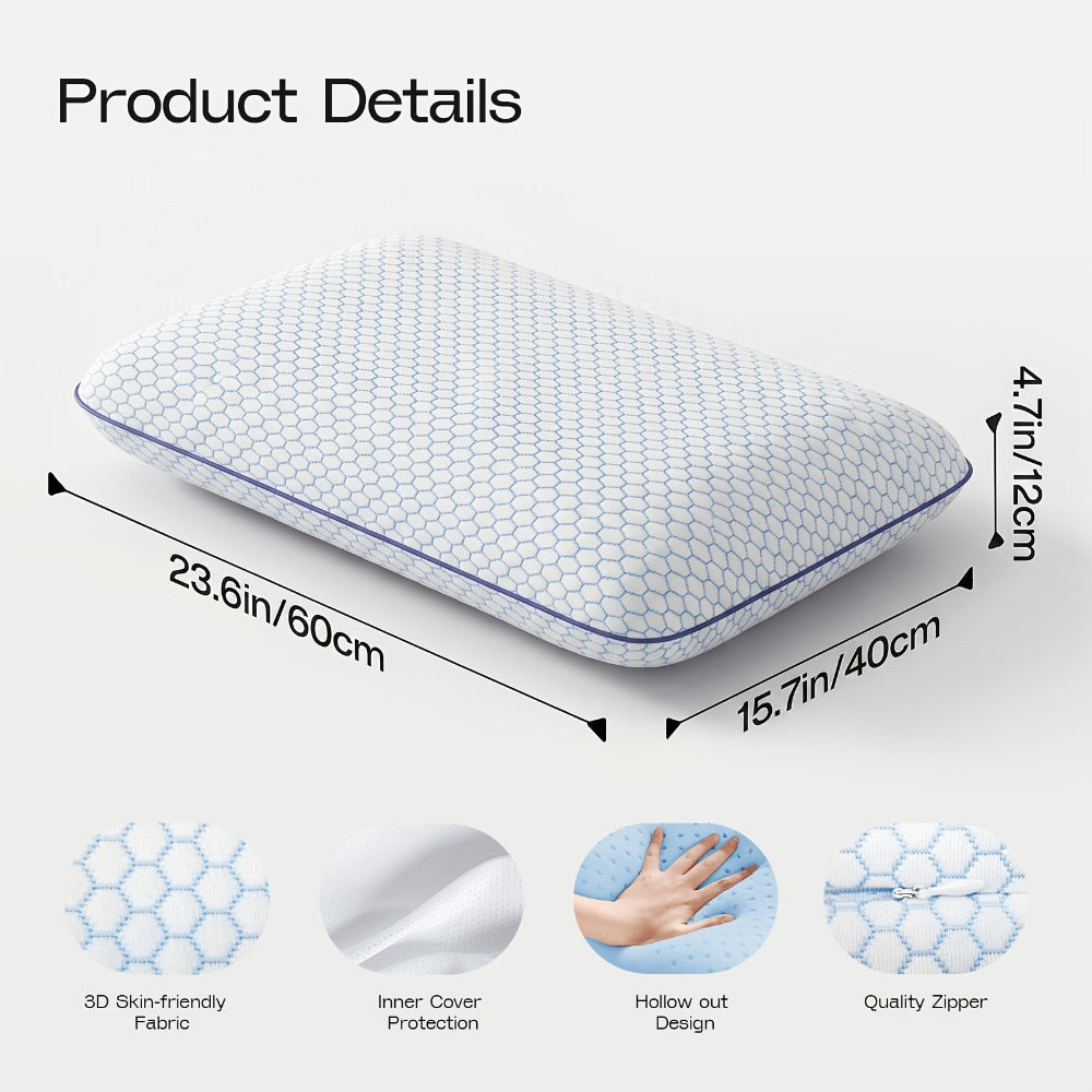 Standard Bed Pillow with Quilted Mesh Cover, Blue or Grey 1-Piece Options, Pictured 60 x 40 x 12 cm