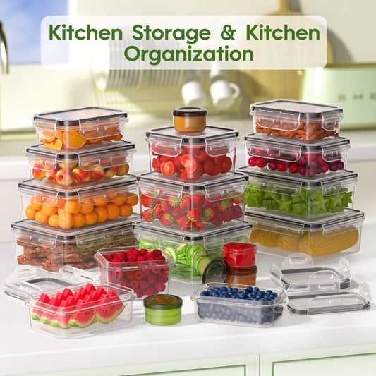 Food Storage Containers 48-Piece Multi-Shape Set with 24 Boxes, 24 Lids and Eight Documented Sizes