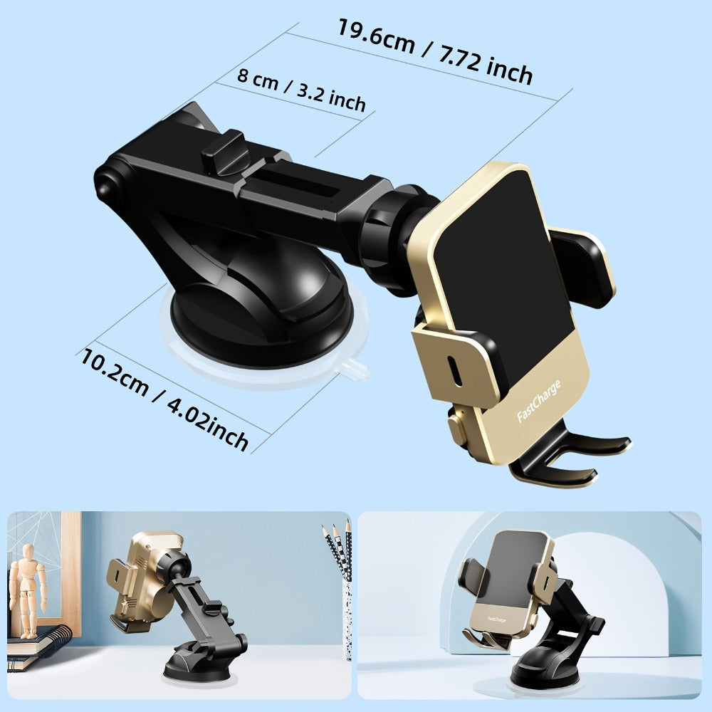 Brass-Tone Wireless Car Charger Mount with Side Clamps, Suction Base and Pictured Air-Vent Clip