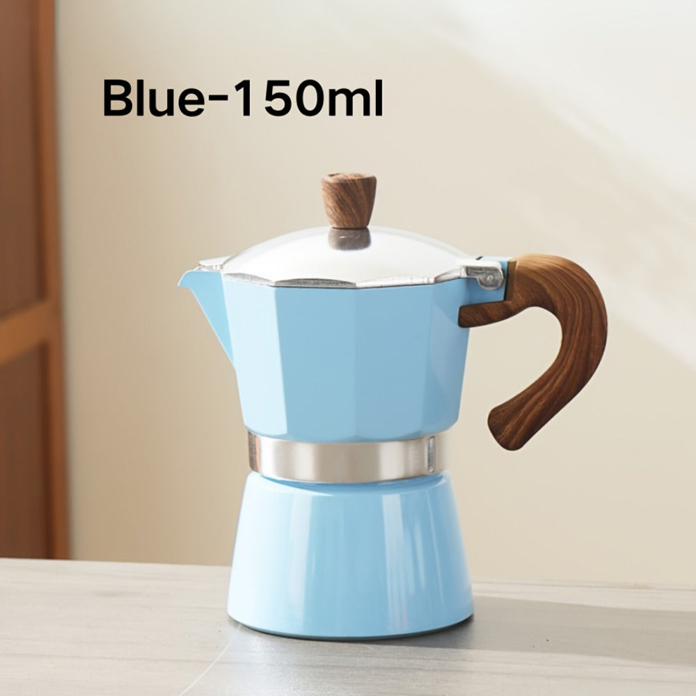 Classic 150ml Stovetop Moka Pot with Faceted Body, Wood-Look Handle and Seven Color Options