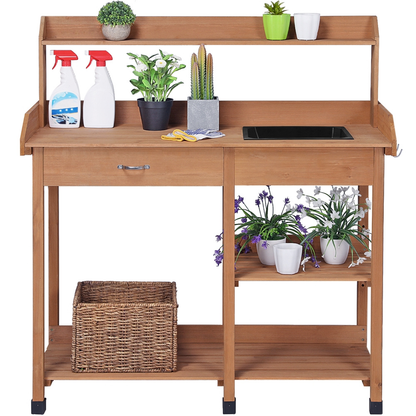 Four-Tier Garden Potting Bench with Removable Sink, Drawer, Adjustable Shelf and Three Side Hooks